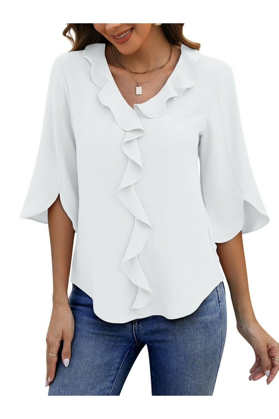 Chiffon Blouses for Women Dressy Ruffle V Neck Tops Summer Casual 3/4 Sleeve Shirts
