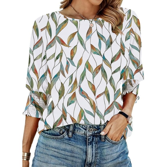 UVN Crewneck Blouse for Women Summer 3/4 Sleeve T-Shirts Casual Tees Ladies Loose Tops