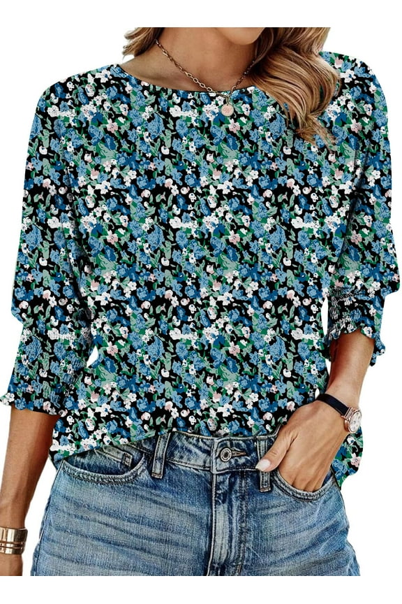 Crewneck Blouse for Women Summer 3/4 Sleeve T-Shirts Casual Tees Ladies Loose Tops