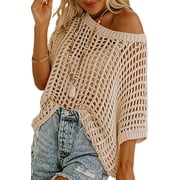 Shine Up Crochet Beach Coverups Women Swimsuits Summer Short Sleeve Blouses Knit Hollow Out Tops