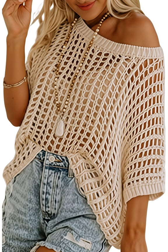 Crochet Beach Coverups Women Swimsuits Summer Short Sleeve Blouses Knit Hollow Out Tops