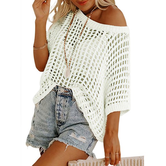 UVN Crochet Beach Coverups Women Swimsuits Summer Short Sleeve Blouses Knit Hollow Out Tops