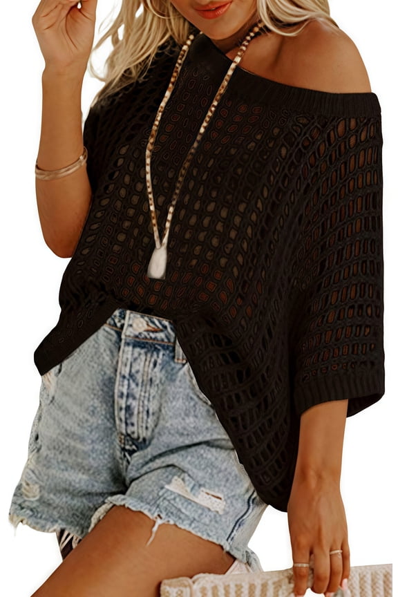 Crochet Beach Coverups Women Swimsuits Summer Short Sleeve Blouses Knit Hollow Out Tops