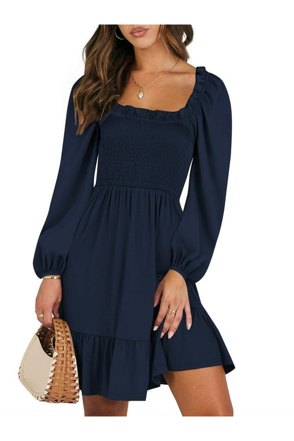 Dresses for Women Casual Long Sleeve Square Neck Dress Ruffle Pleated Flowy Midi Dress