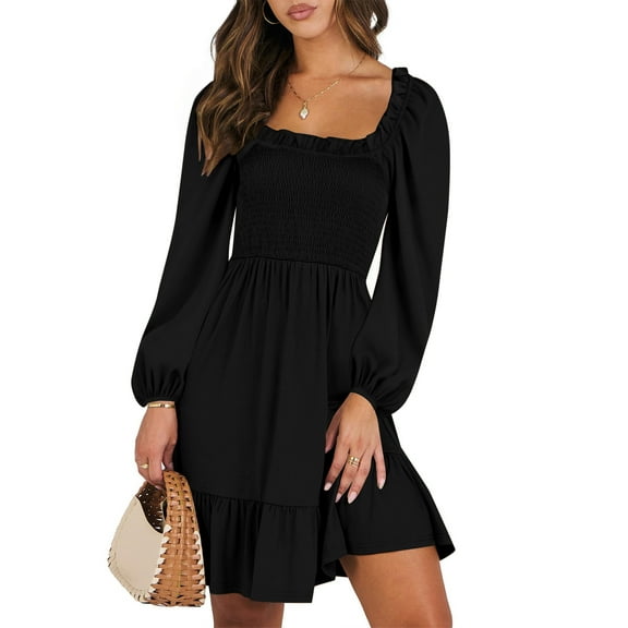 UVN Dresses for Women Casual Long Sleeve Square Neck Dress Ruffle Pleated Flowy Midi Dress