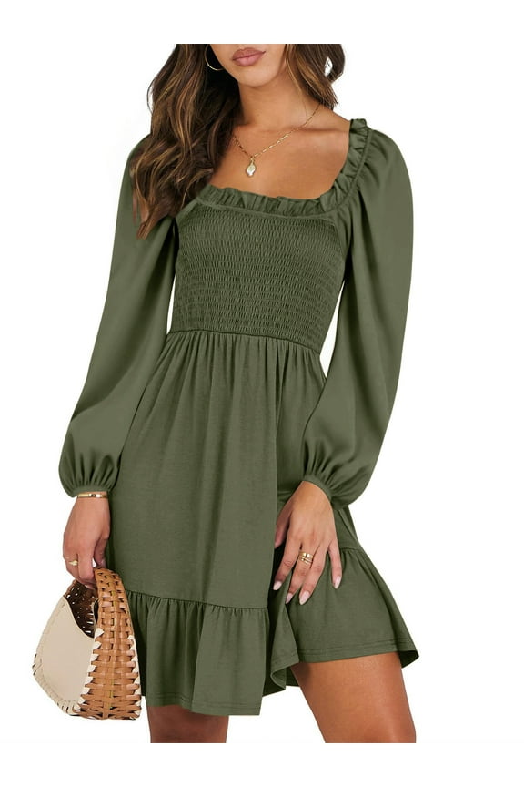 Dresses for Women Casual Long Sleeve Square Neck Dress Ruffle Pleated Flowy Midi Dress