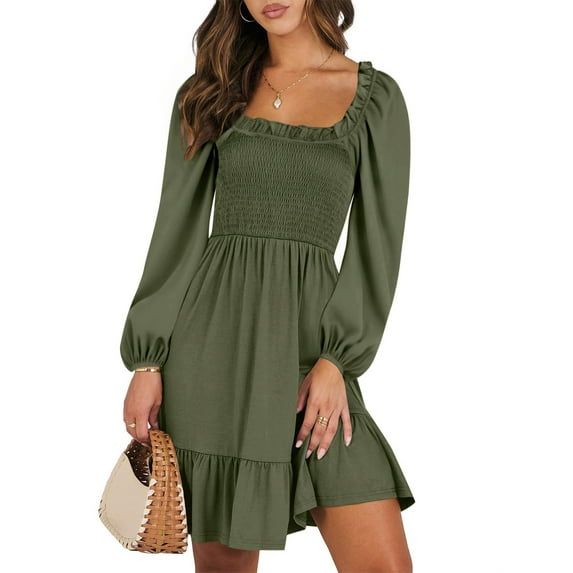 UVN Dresses for Women Casual Long Sleeve Square Neck Dress Ruffle Pleated Flowy Midi Dress