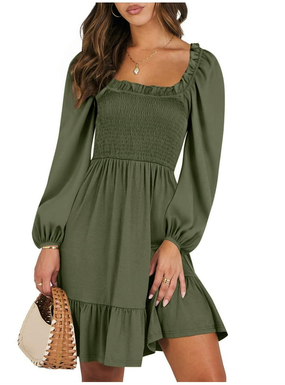 Dresses for Women Casual Long Sleeve Square Neck Dress Ruffle Pleated Flowy Midi Dress