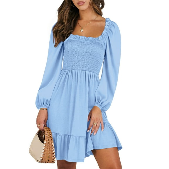 UVN Dresses for Women Casual Long Sleeve Square Neck Dress Ruffle Pleated Flowy Midi Dress