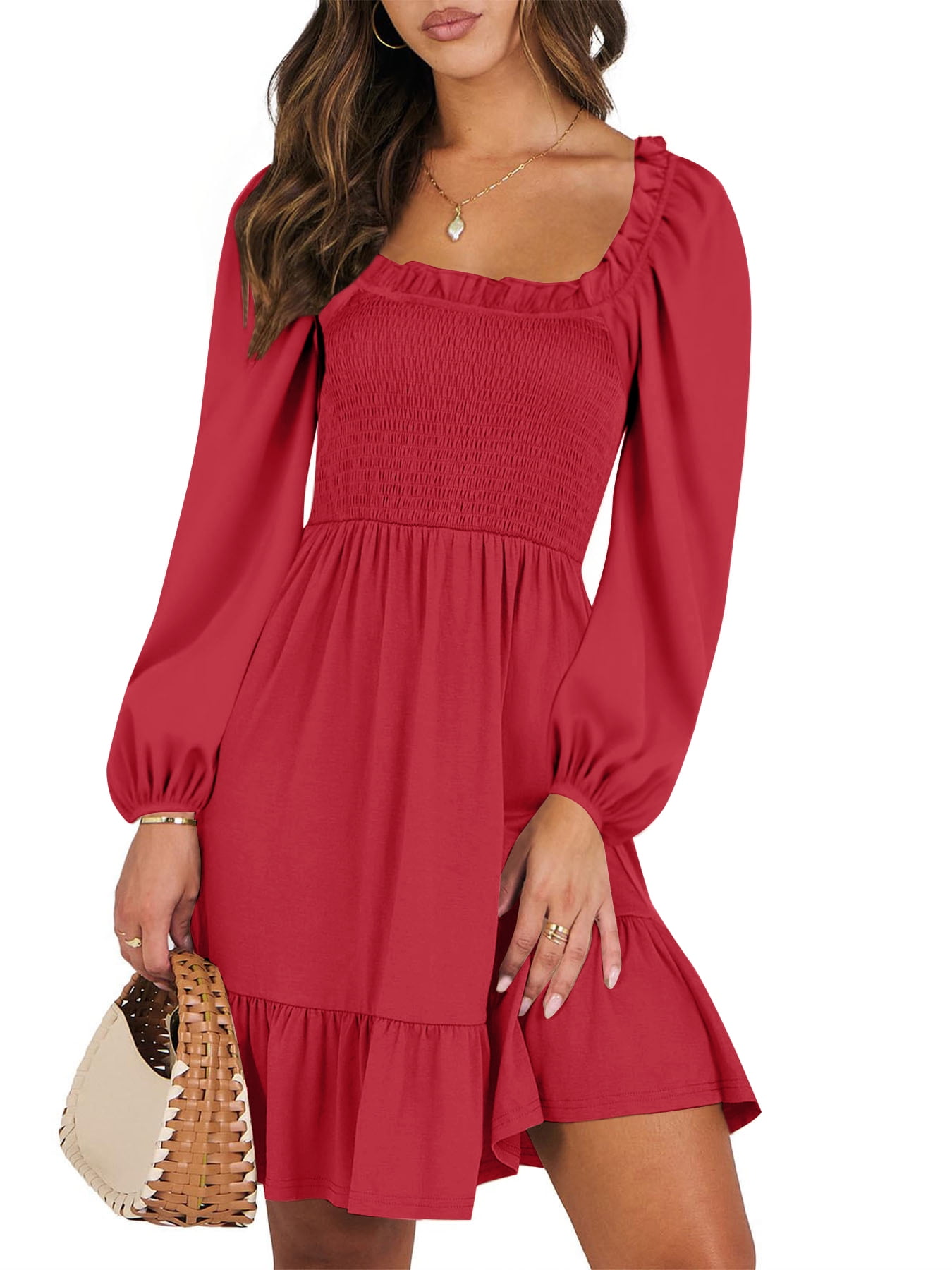 UVN Dresses for Women Casual Long Sleeve Square Neck Dress Ruffle Pleated  Flowy Midi Dress - Walmart.com