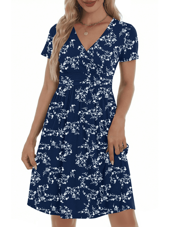 Dresses for Women Deep V Neck Short Sleeve Summer Sundress Midi Party dress with Pocket