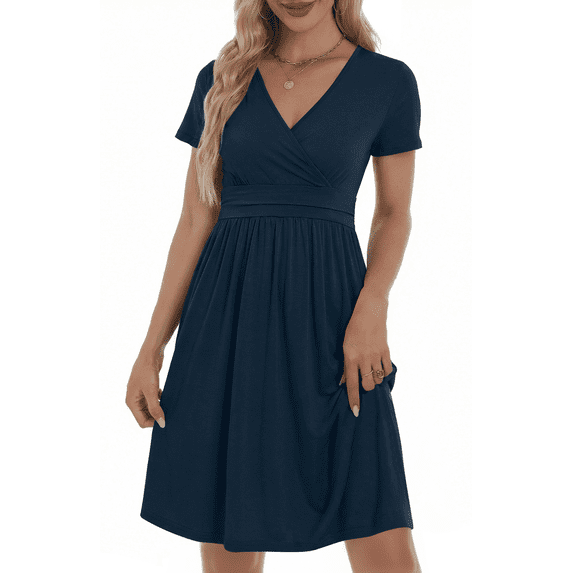 UVN Dresses for Women Deep V Neck Short Sleeve Summer Sundress Midi Party dress with Pocket