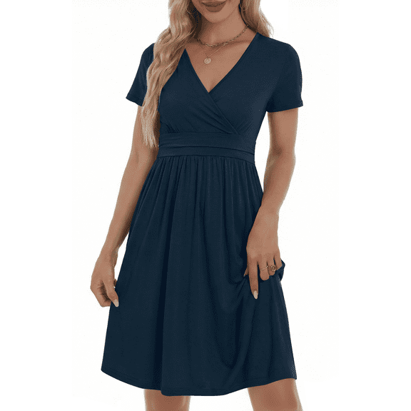 UVN Dresses for Women Deep V Neck Short Sleeve Summer Sundress Midi Party dress with Pocket