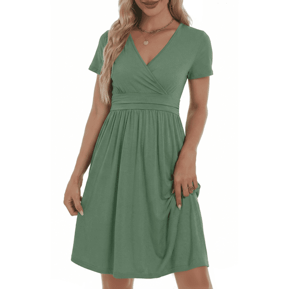 UVN Dresses for Women Deep V Neck Short Sleeve Summer Sundress Midi Party dress with Pocket