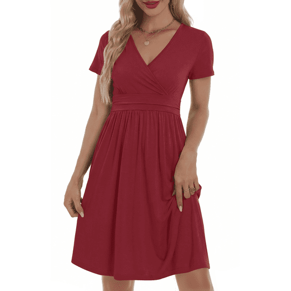 UVN Dresses for Women Deep V Neck Short Sleeve Summer Sundress Midi Party dress with Pocket