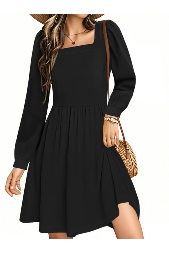 Dresses for Women Fall Long Sleeve Square Neck Dress Boho Floral Print Midi Dresses with Pockets