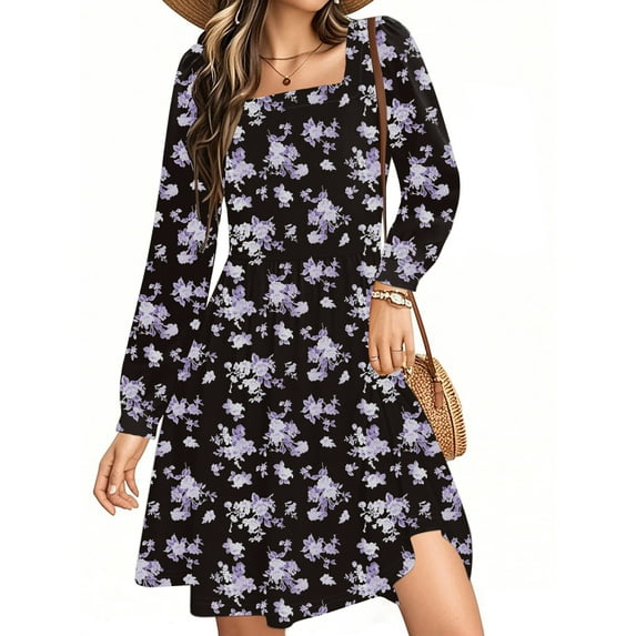 UVN Dresses for Women Fall Long Sleeve Square Neck Dress Boho Floral Print Midi Dresses with Pockets
