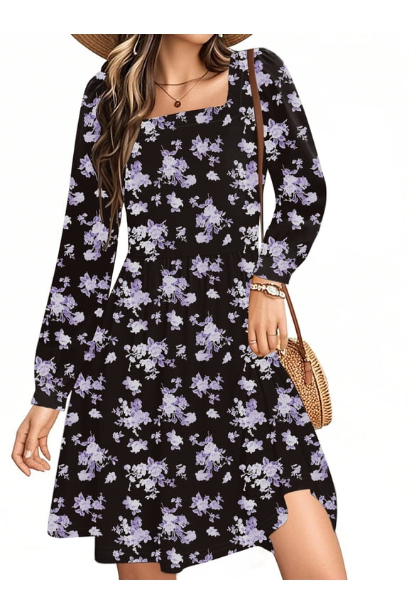 Dresses for Women Fall Long Sleeve Square Neck Dress Boho Floral Print Midi Dresses with Pockets