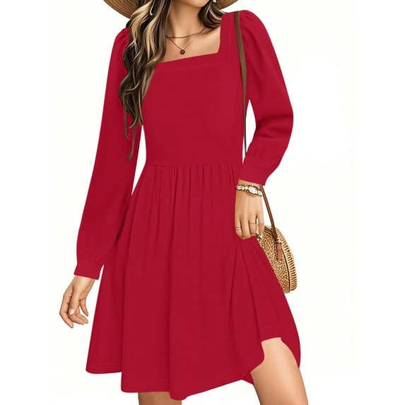 UVN Dresses for Women Fall Long Sleeve Square Neck Dress Boho Floral Print Midi Dresses with Pockets