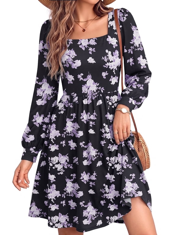 Dresses for Women Fall Long Sleeve Square Neck Dress Boho Floral Print Midi Dresses with Pockets