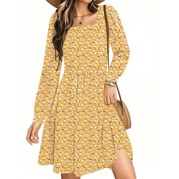 UVN Dresses for Women Fall Long Sleeve Square Neck Dress Boho Floral Print Midi Dresses with Pockets