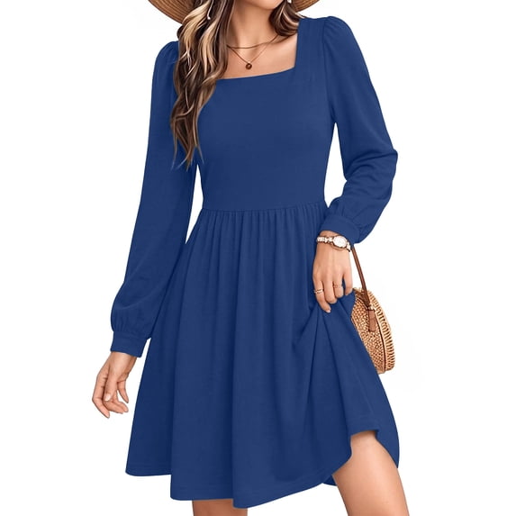 UVN Dresses for Women Fall Long Sleeve Dress Square Neck Midi Dresses with Pockets