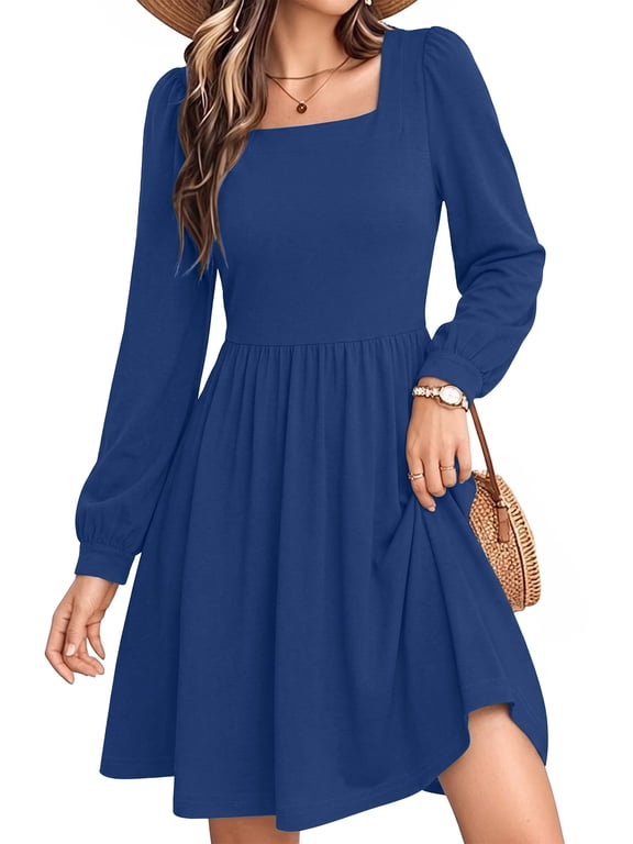 Dresses for Women Fall Long Sleeve Dress Square Neck Midi Dresses with Pockets