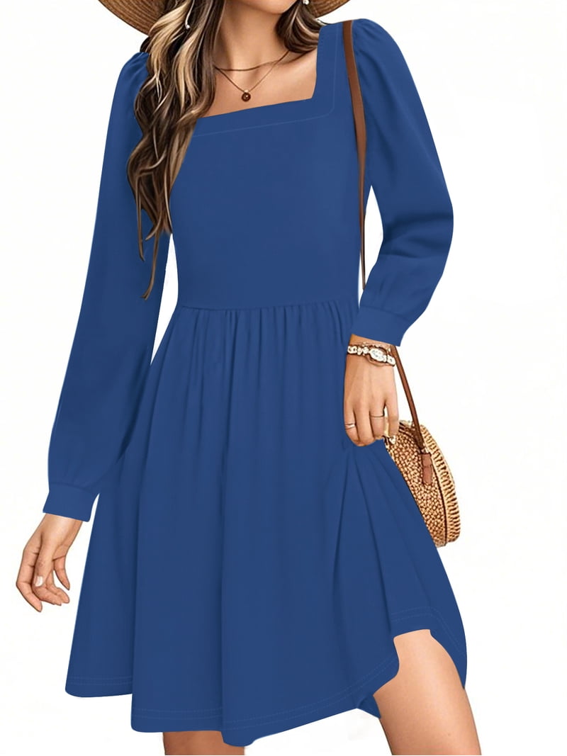 Uvn Dresses for Women Fall Long Sleeve Square Neck Dress Boho Floral Print Midi Dresses with Pockets
