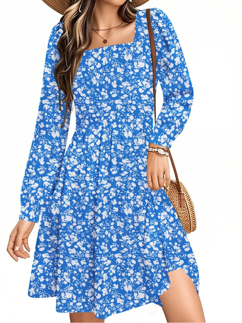 Uvn Dresses for Women Fall Long Sleeve Square Neck Dress Boho Floral Print Midi Dresses with Pockets