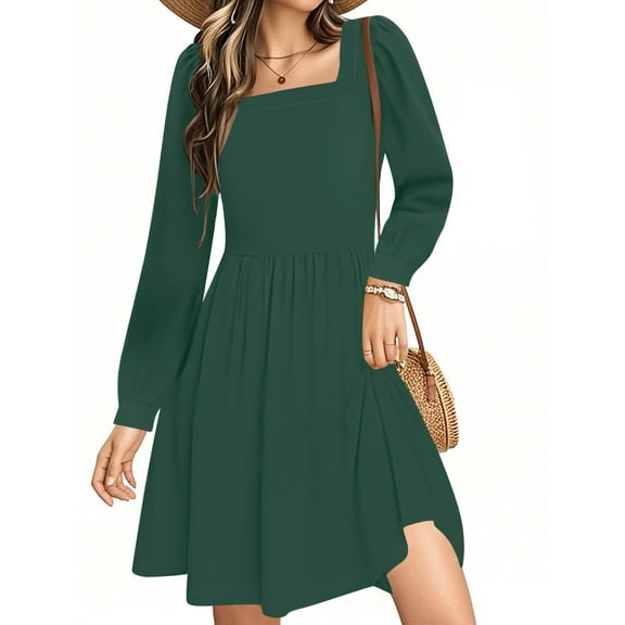 UVN Dresses for Women Fall Long Sleeve Square Neck Dress Boho Floral Print Midi Dresses with Pockets