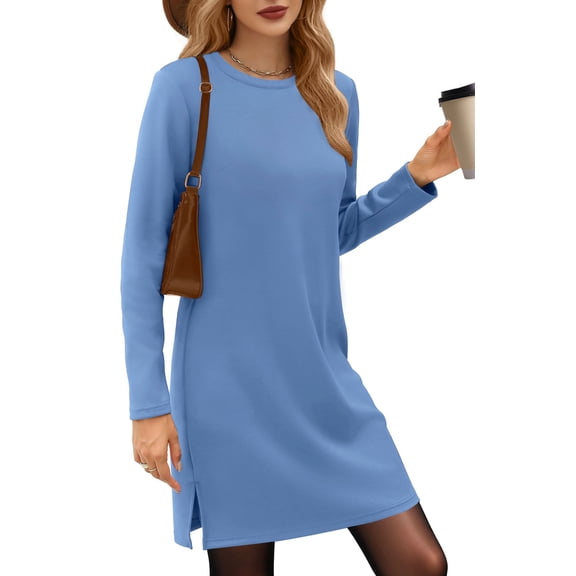 UVN Dresses for Women Fall Winter Long Sleeve Crewneck Casual Pullover Sweatshirt Dress with Side Split