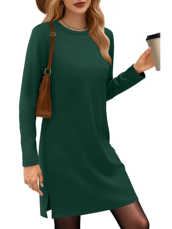 Dresses for Women Fall Winter Long Sleeve Crewneck Casual Pullover Sweatshirt Dress with Side Split