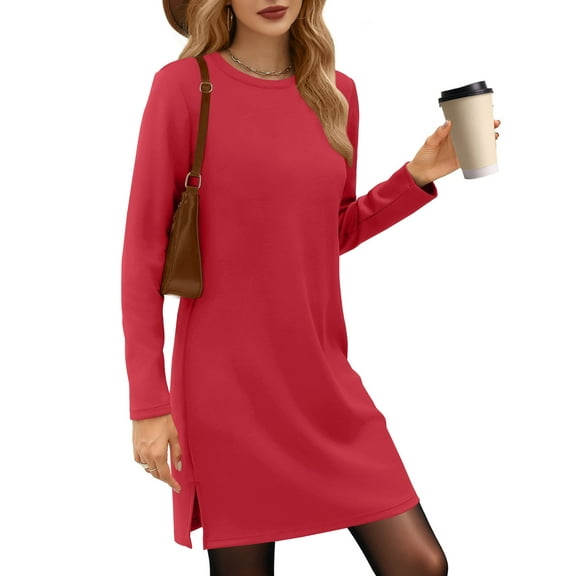 UVN Dresses for Women Fall Winter Long Sleeve Crewneck Casual Pullover Sweatshirt Dress with Side Split