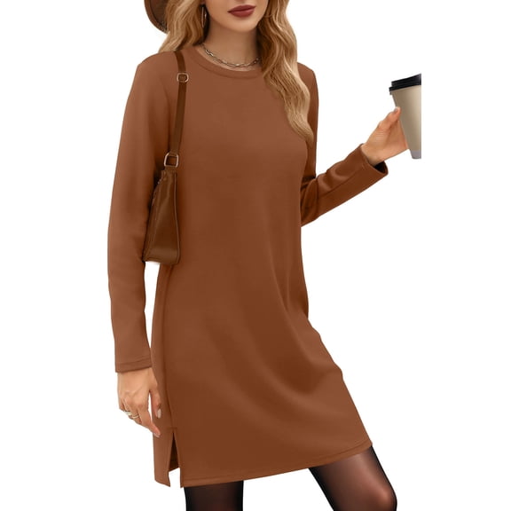 UVN Dresses for Women Fall Winter Long Sleeve Crewneck Casual Pullover Sweatshirt Dress with Side Split