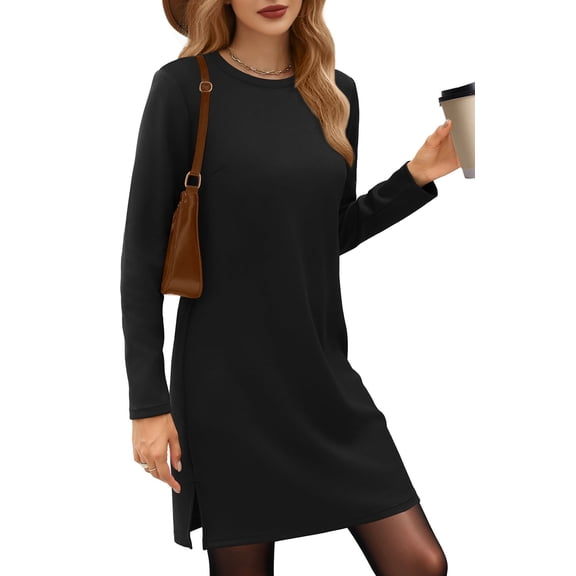 UVN Dresses for Women Fall Winter Long Sleeve Crewneck Casual Pullover Sweatshirt Dress with Side Split