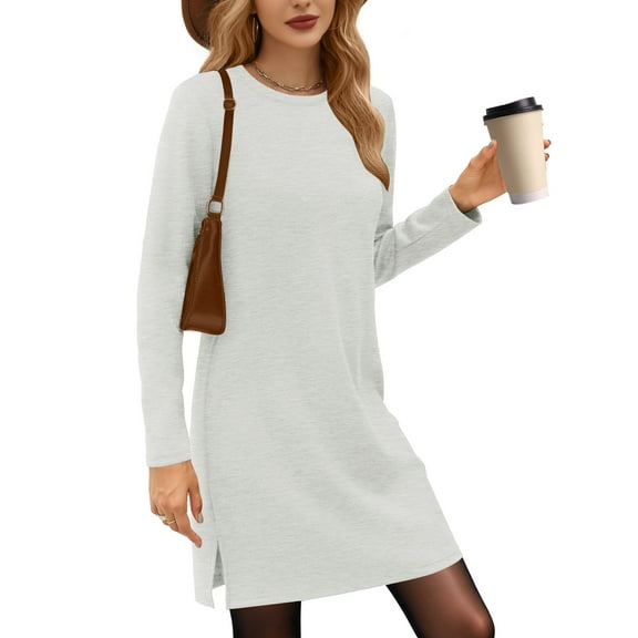 UVN Dresses for Women Fall Winter Long Sleeve Crewneck Casual Pullover Sweatshirt Dress with Side Split