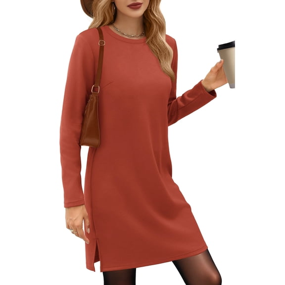 UVN Dresses for Women Fall Winter Long Sleeve Crewneck Casual Pullover Sweatshirt Dress with Side Split