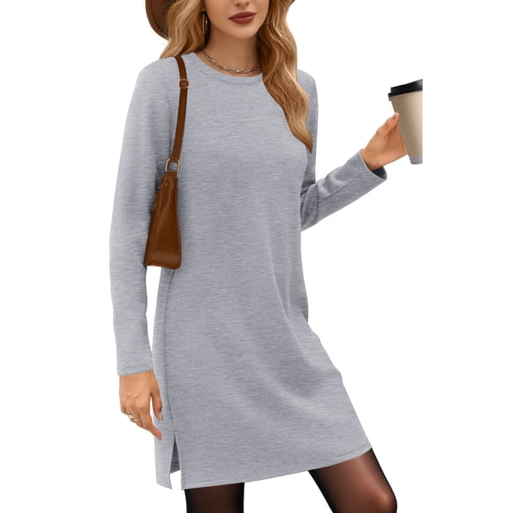 UVN Dresses for Women Fall Winter Long Sleeve Crewneck Casual Pullover Sweatshirt Dress with Side Split