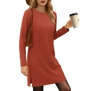 UVN Dresses for Women Fall Winter Long Sleeve Crewneck Casual Pullover Sweatshirt Dress with Side Split