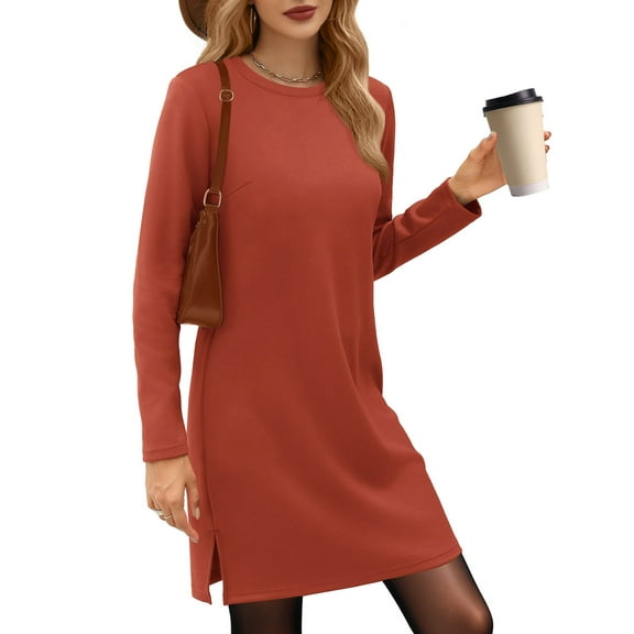 UVN Dresses for Women Fall Winter Long Sleeve Crewneck Casual Pullover Sweatshirt Dress with Side Split