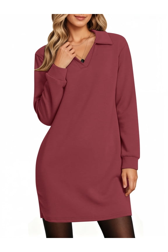 Dresses for Women Long Sleeve Lapel Neck Dress Fall Casual Sweatshirt Dresses