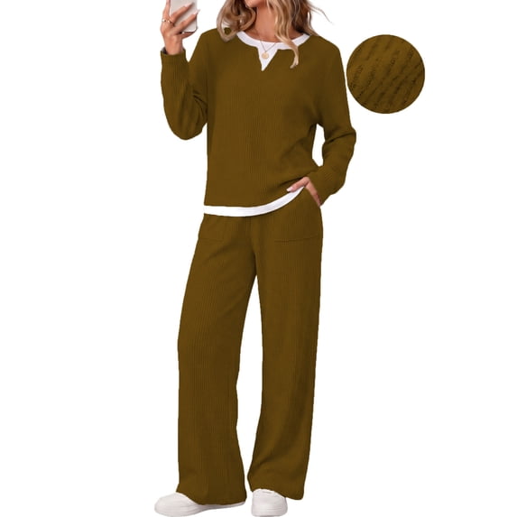 UVN Fall 2 Peice outfit set for Women Color Block Tops and Wide Leg Pants Ladies Sweatsuit Casual Matching Set