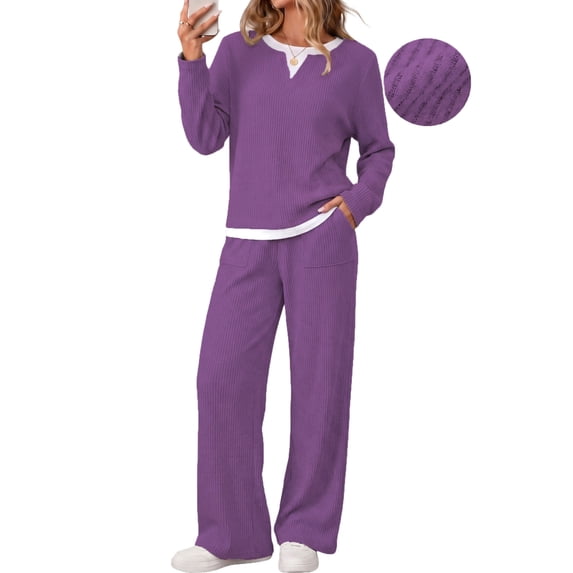 UVN Fall 2 Peice outfit set for Women Color Block Tops and Wide Leg Pants Ladies Sweatsuit Casual Matching Set