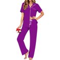 thumbnail image 1 of UVN Fall 2 Piece Pajamas for Women Short Sleeve Top and Long Pant Casual Button up Sleepwear Ladies Matching Set, 1 of 5