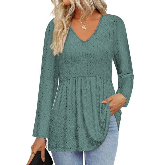 UVN Fall Blouses for Women Long Sleeve V Neck Peplum Tunic Tops Casual Babydoll Flowy T Shirts