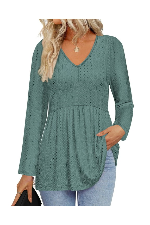 Fall Blouses for Women Long Sleeve V Neck Peplum Tunic Tops Casual Babydoll Flowy T Shirts