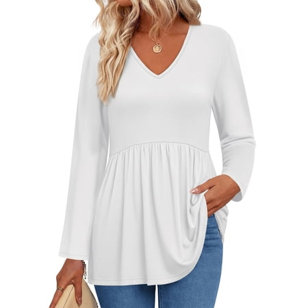 UVN Fall Blouses for Women Long Sleeve V Neck Peplum Tunic Tops Casual Babydoll Flowy T Shirts