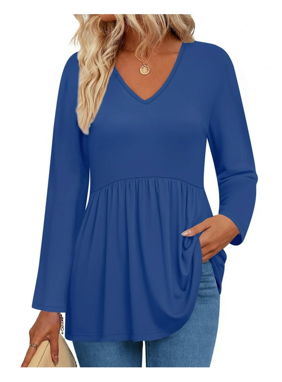 Fall Blouses for Women Long Sleeve V Neck Peplum Tunic Tops Casual Babydoll Flowy T Shirts