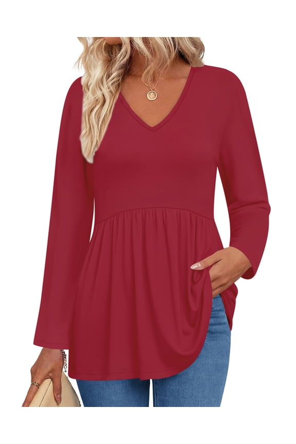 Fall Blouses for Women Long Sleeve V Neck Peplum Tunic Tops Casual Babydoll Flowy T Shirts