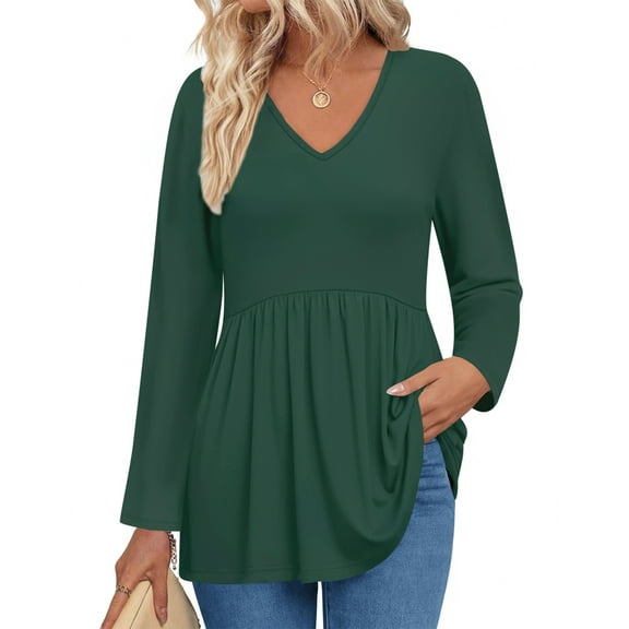 UVN Fall Blouses for Women Long Sleeve V Neck Peplum Tunic Tops Casual Babydoll Flowy T Shirts